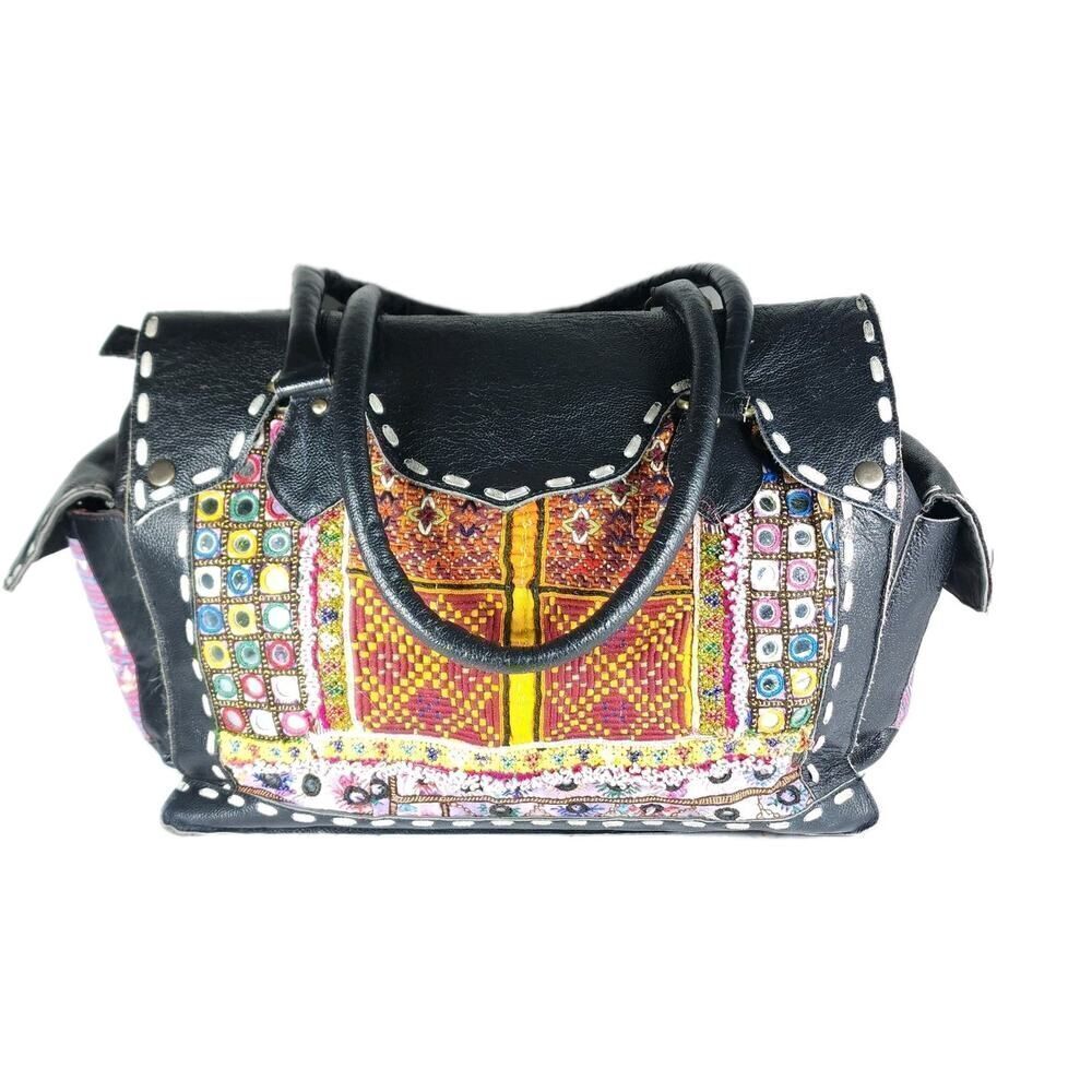 Vintage Addiction Black Leather Large Stitching Handcrafted Tote Laptop Bag